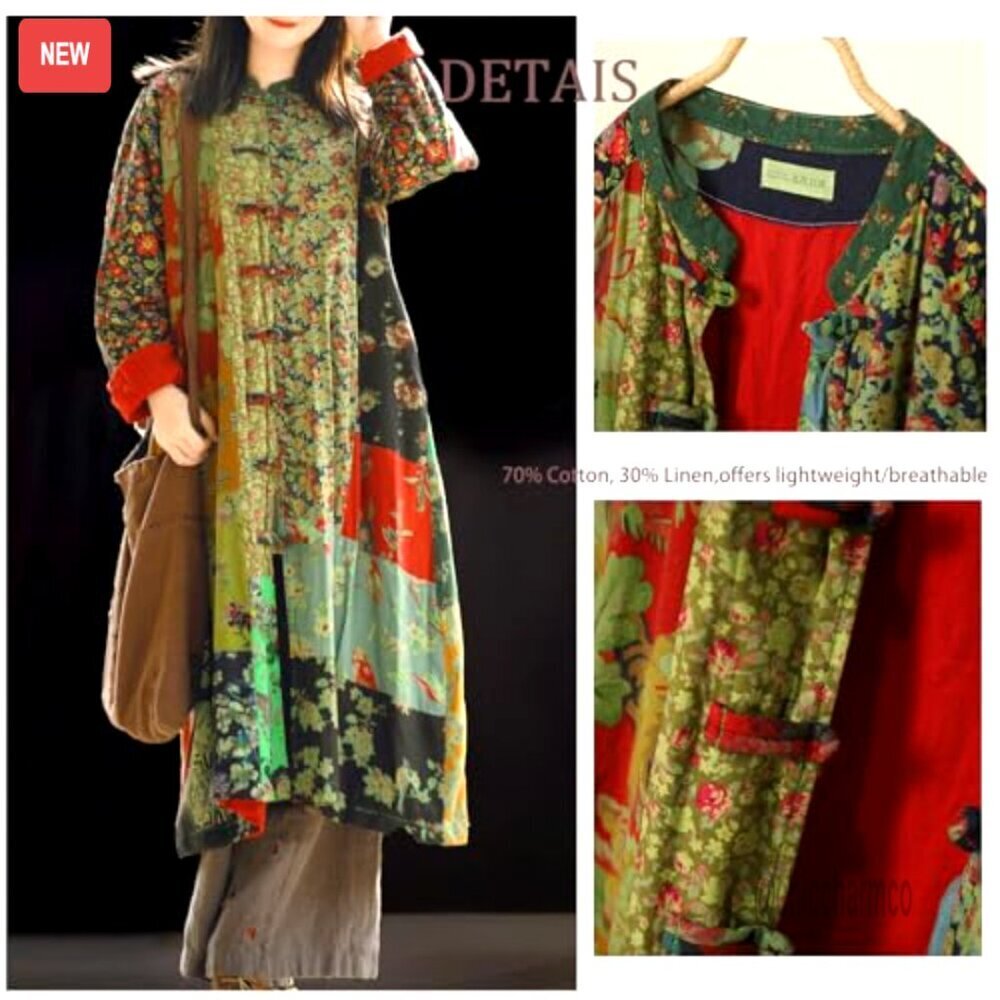 Women's Patchwork Trench Coat Cotton Linen Duster Boho Cottagecore - Picture 5 of 7